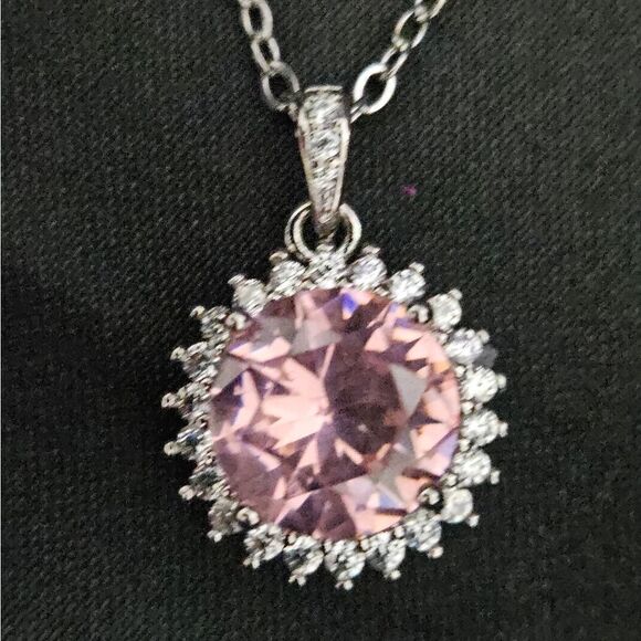 Pink Sapphire & Clear White Baguette Diamond Pendant 14K White Gold 925  - Picture 5 of 8